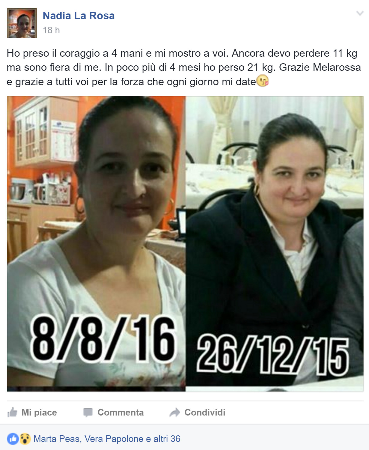Nadia ha perso 21 chili con Melarossa