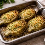 Carciofi al forno gratinati croccanti pronti in 30 minuti 1 teglia rettangola con 4 carciofi al forno gratinati, spicchio di line e prezzemolo