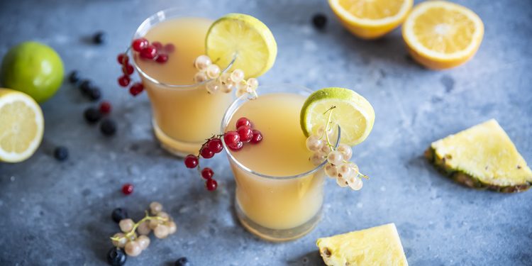 due bicchieri di cocktail analcolico Fruit Punch, ribes, fette e spicchi di limone