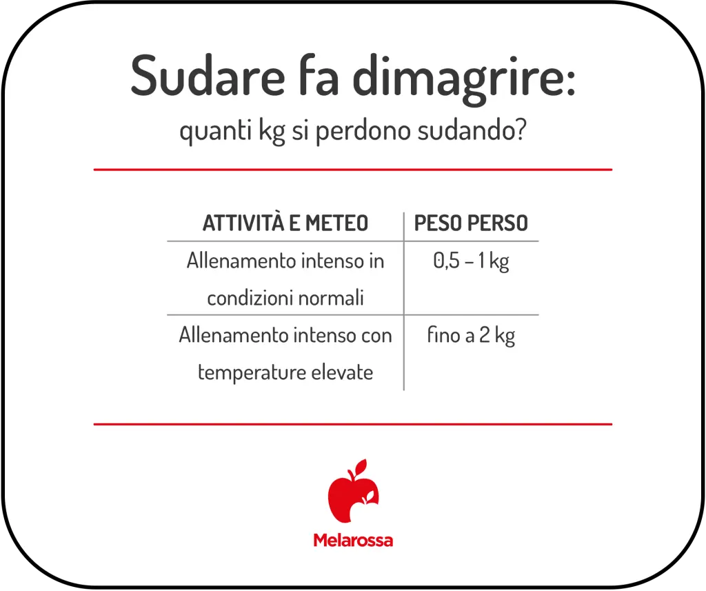 Sudare fa dimagrire davvero? La verità su calorie, sauna e dimagrimento 1 Grafica informativa su sudare fa dimagrire: tabella che mostra quanti kg si possono perdere sudando durante un allenamento intenso, da 0,5 a 1 kg in condizioni normali e fino a 2 kg con temperature elevate.