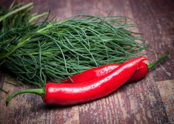 Un mazzetto di agretti crudi con un peperoncino rosso