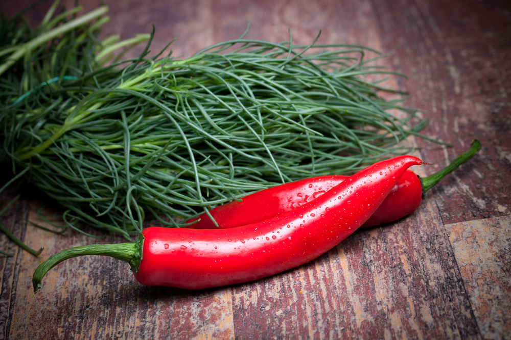 Un mazzetto di agretti crudi con un peperoncino rosso