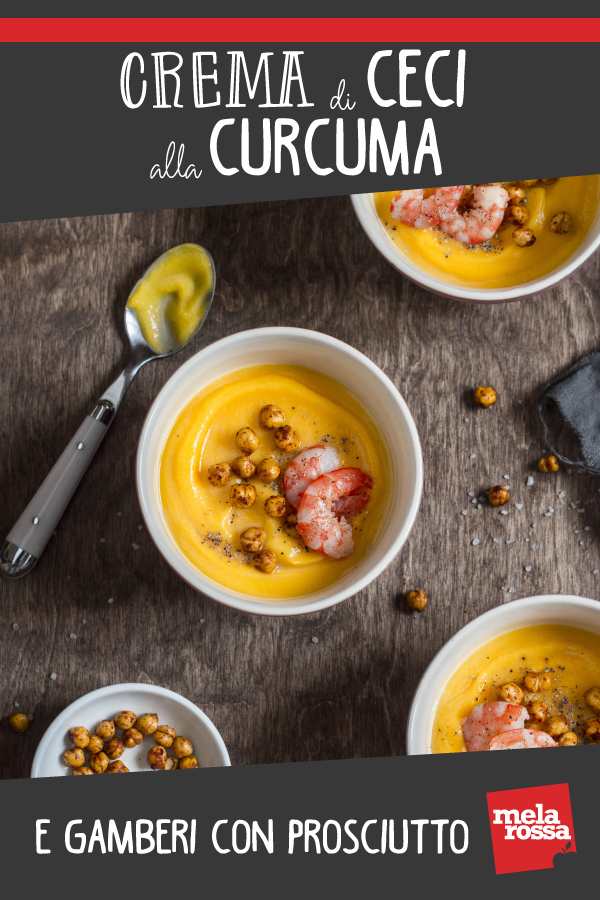 Crema di ceci alla curcuma con gamberi e prosciutto ricetta