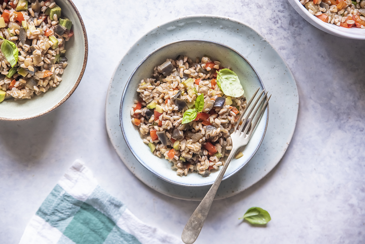 ricette con farro insalata di farro con melanzane, zucchine e peperoni al basilico