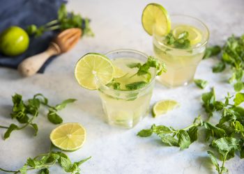 due bicchieri di cocktail analcolico Virgin Mojito, fette di limone e foglie sparse