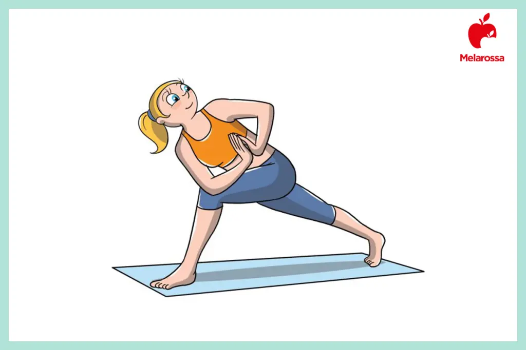 Illustrazione posizioni yoga affondo con torsione parivrtta anjaneyasana in affondo con busto ruotato e mani unite.