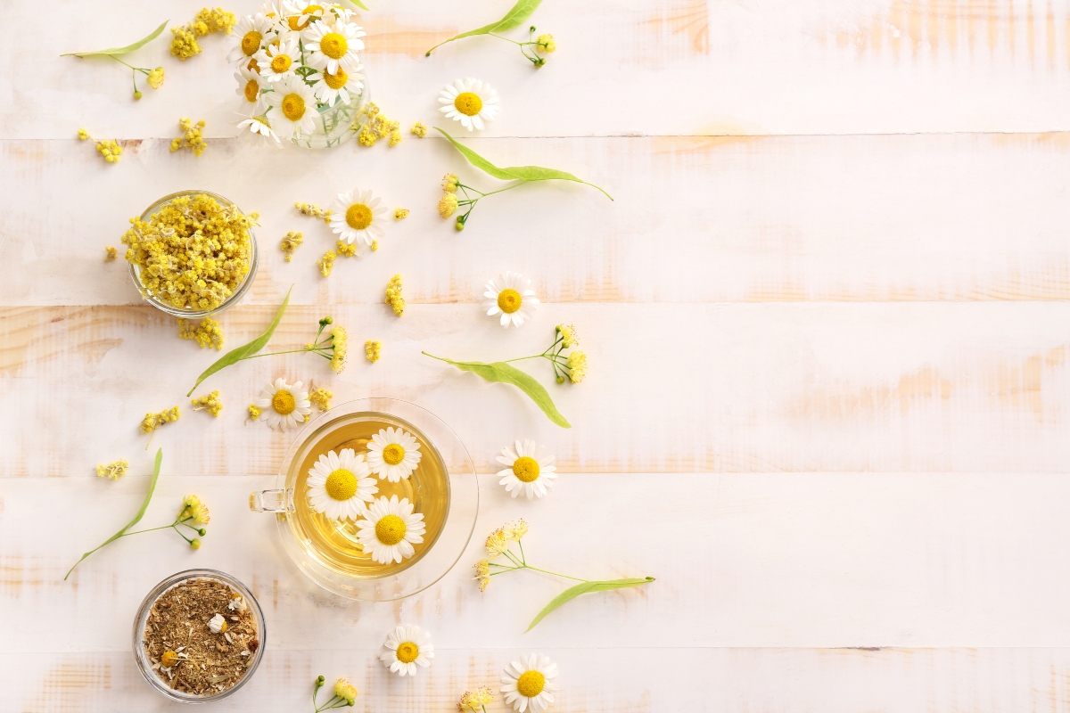 alcuni fiori di camomilla e una tazza di tisana su un tavolo