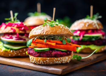 vassoio di legno con 4 burger vegetali