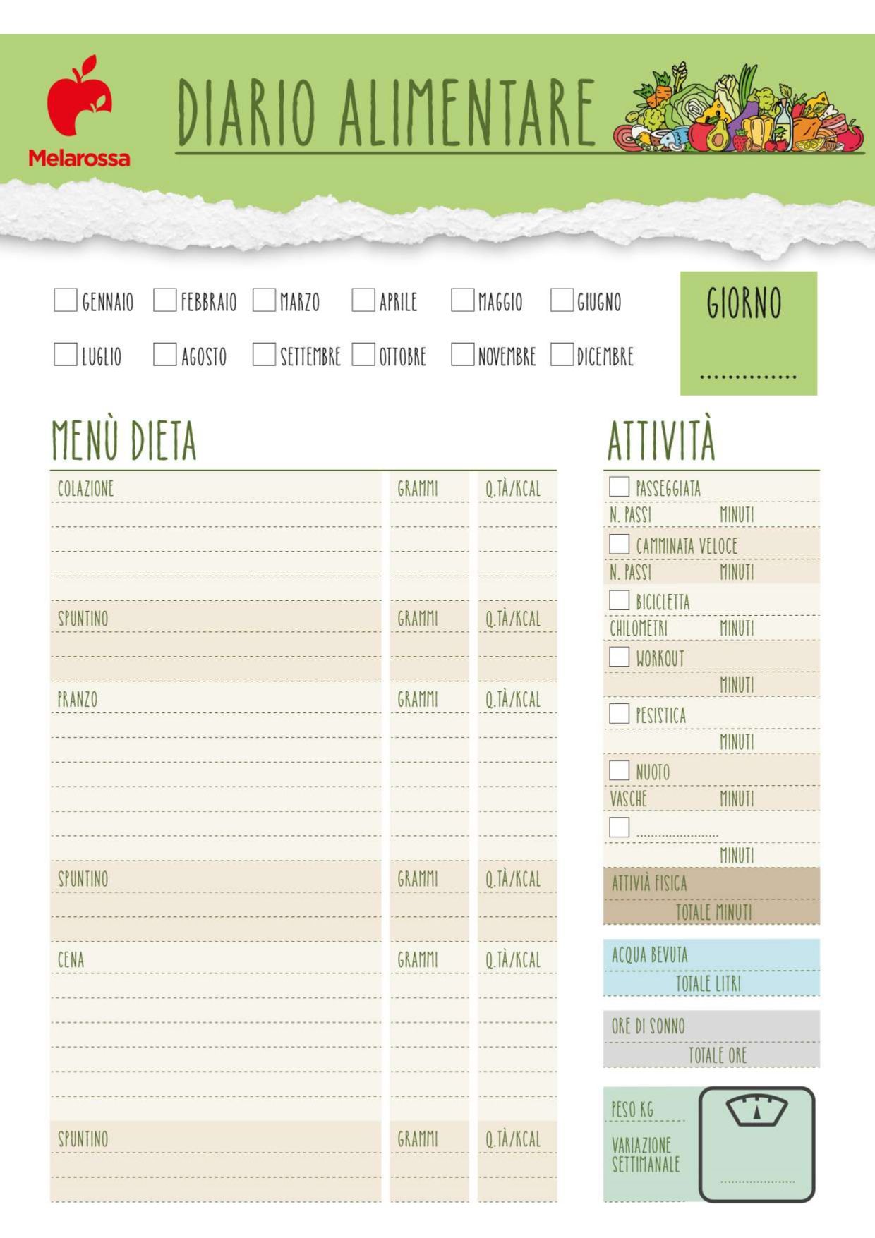 Il diario alimentare pdf da stampare di Melarossa