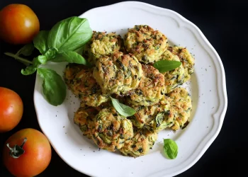 piatto tondo bianco, con polpette e foglie di basilico, con pomodorini accanto