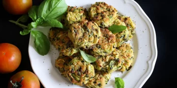 piatto tondo bianco, con polpette e foglie di basilico, con pomodorini accanto