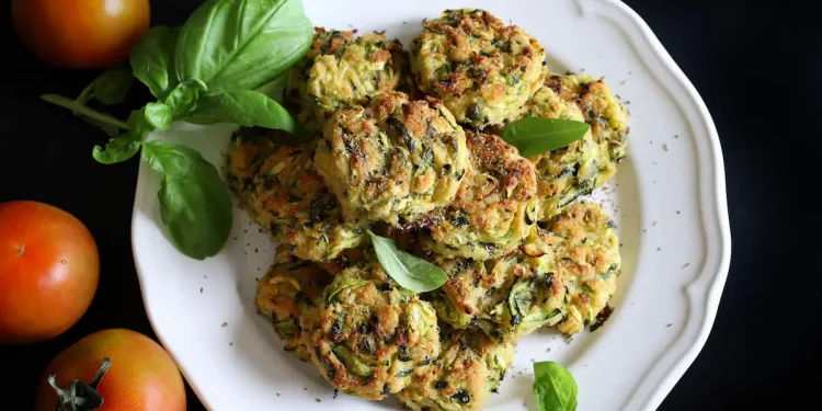 piatto tondo bianco, con polpette e foglie di basilico, con pomodorini accanto