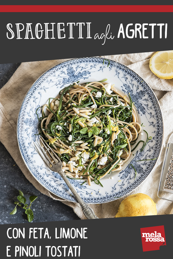 spaghetti con agretti feta e pinoli