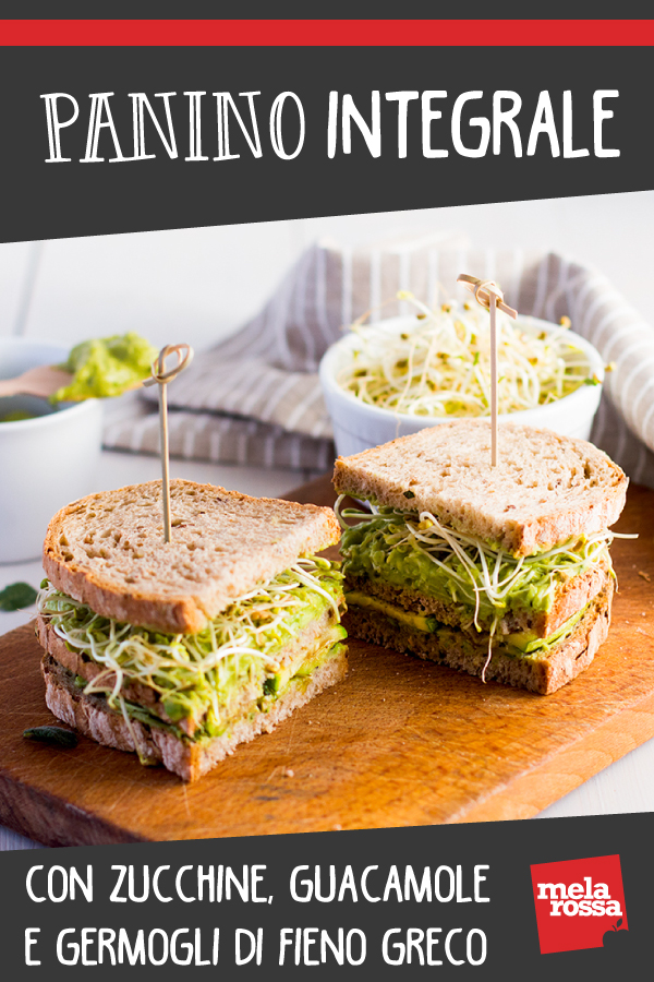 Panino integrale con zucchine, guacamole, germogli di fieno greco
