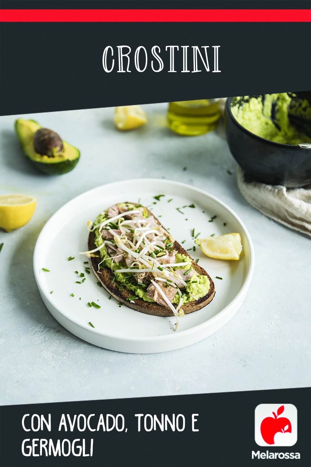 Crostini con avocado, tonno e germogli