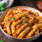 Pasta con peperoni: la ricetta facile e cremosa 1 primo piano di un piatto fondo rosa con dentro pasta con peperoni