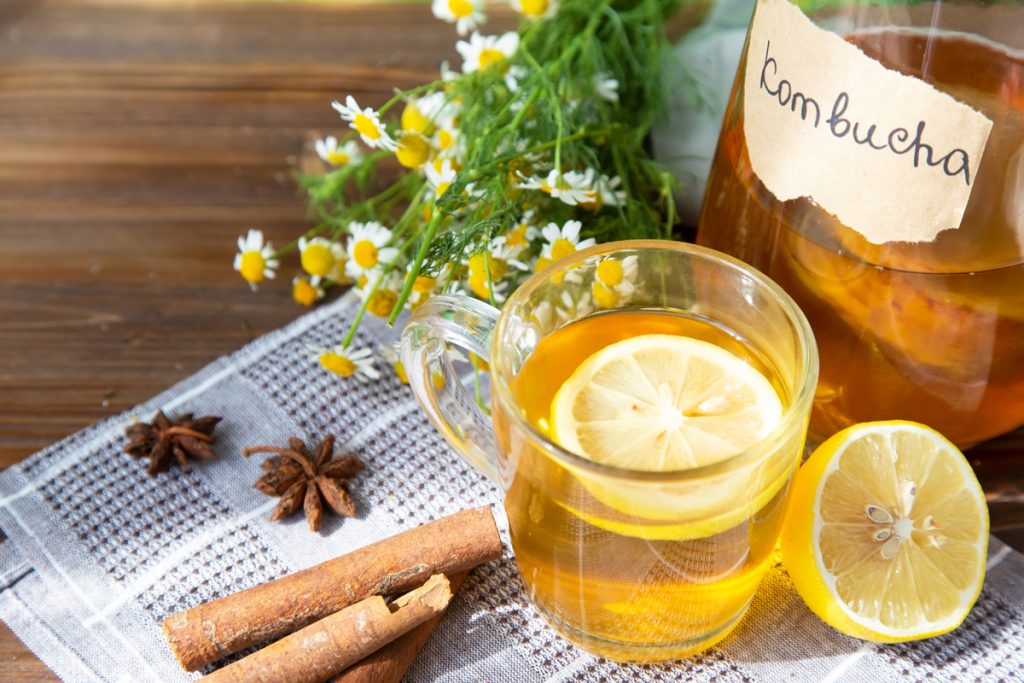 su base di legno un bicchiere di tè fermentato Kombucha, fette e spicchio di limone e bastoncini di cannella