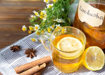 su base di legno un bicchiere di tè fermentato Kombucha, fette e spicchio di limone e bastoncini di cannella