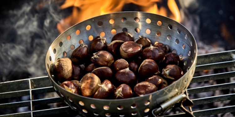 padella di ferro bucata piena di castagne su griglia e sul fuoco