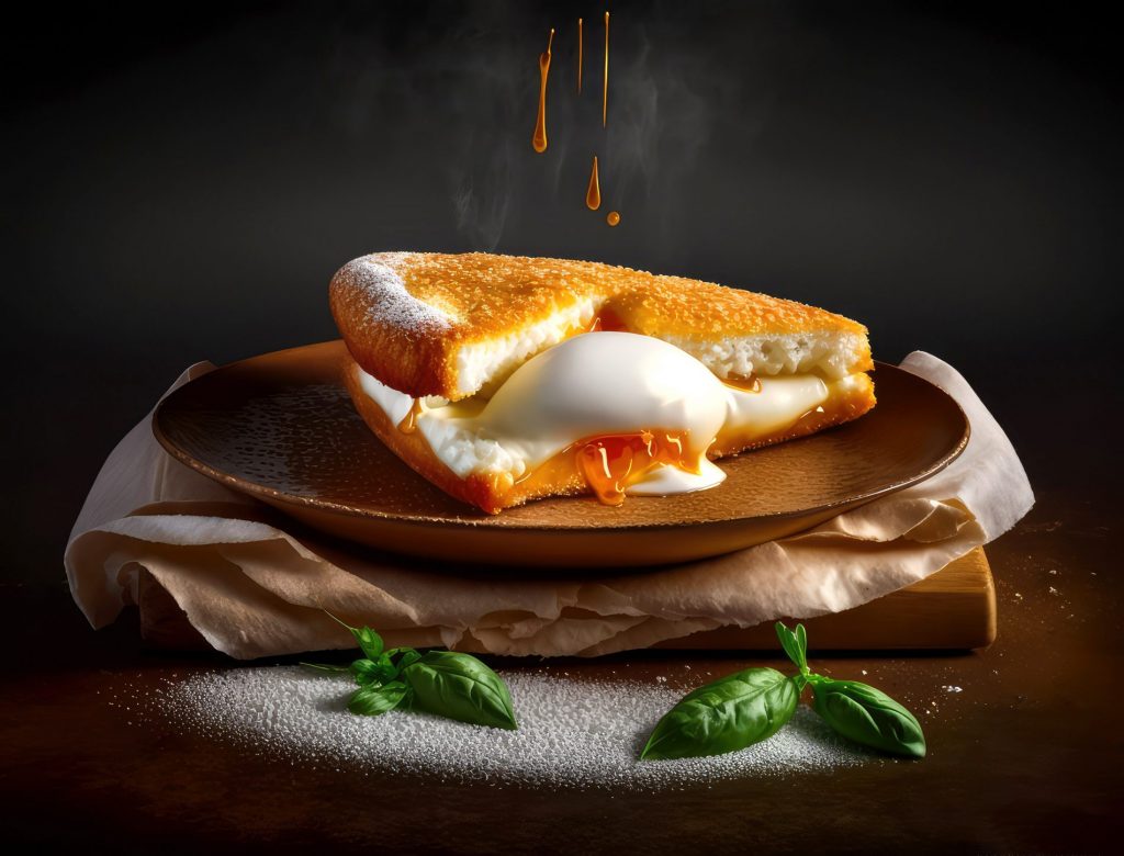 su un tagliere di legno, piatto con mozzarella in carrozza con pane , basilico e sale