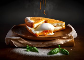 su un tagliere di legno, piatto con mozzarella in carrozza con pane , basilico e sale