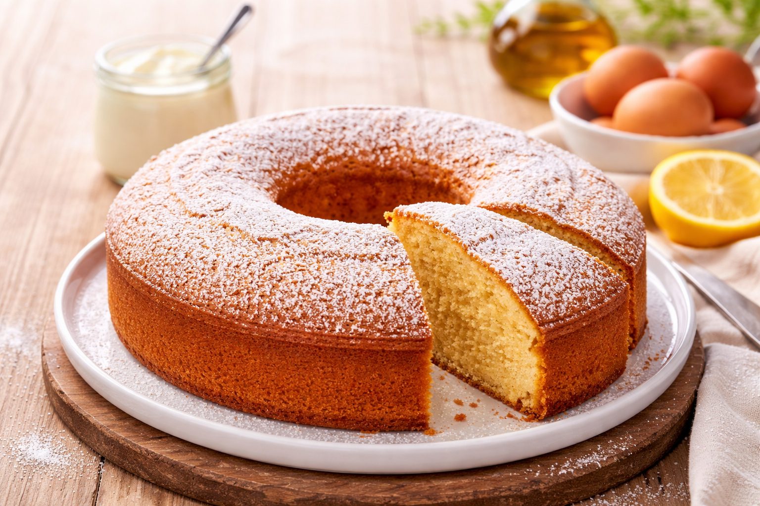 In primo piano su un tavolo di legno rustico c'è un piatto fondo con la torta 7 vasetti. Sullo sfondo un vasetto di yogurt, olio EVO e delle uova.