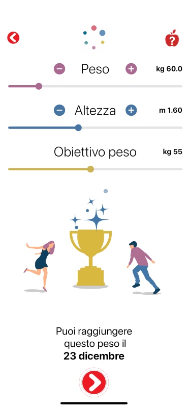 App Melarossa: come dimagrire - Inserisci peso, altezza e obiettivo peso.