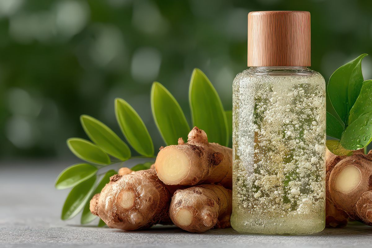 glucomannano: in primo piano le radici della pianta e un flaconcino di integratore