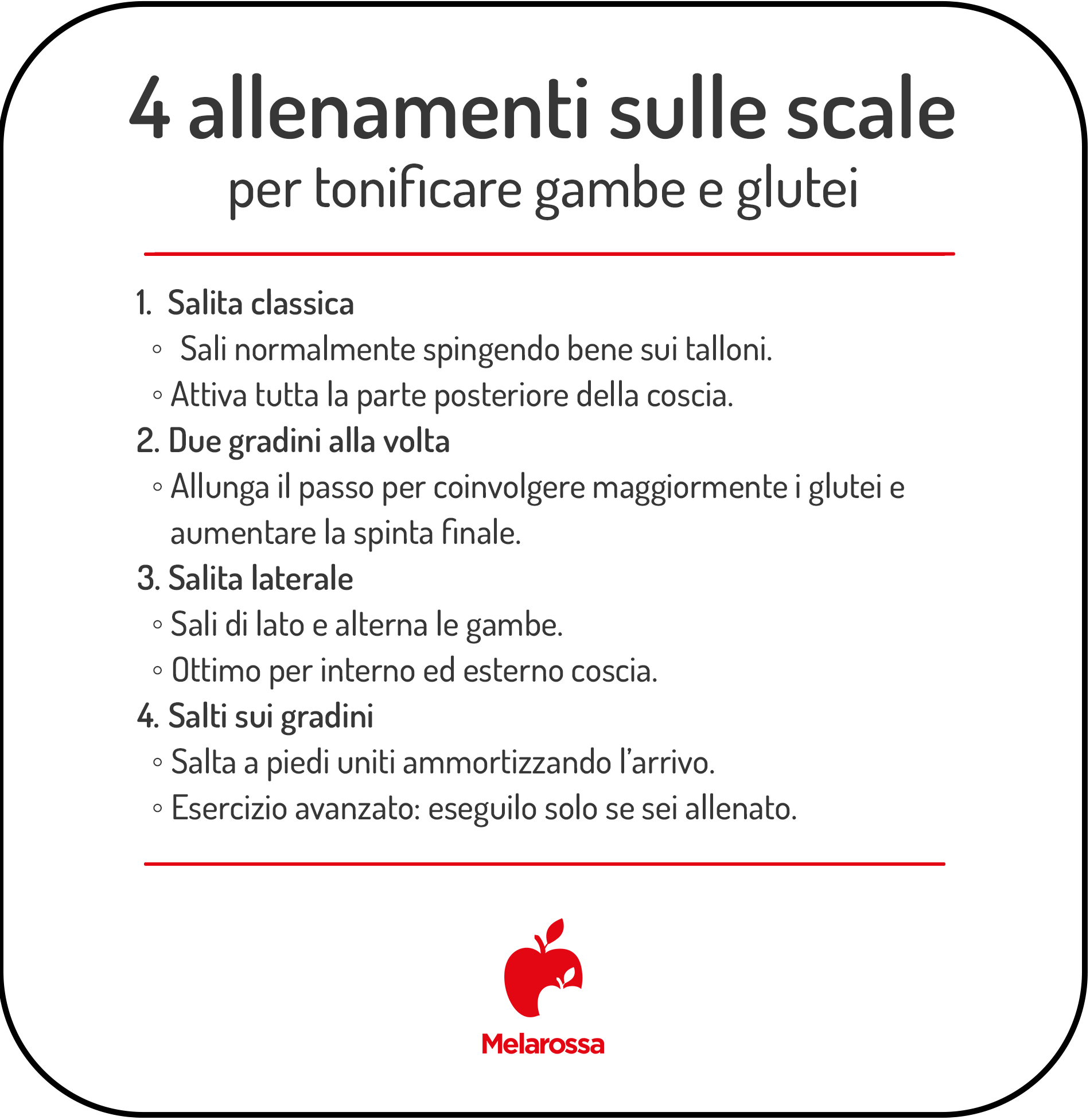 Allenamento per salire le scale: benefici e consigli 1 grafica con proposta allenamento per salire le scale con esercizi da fare