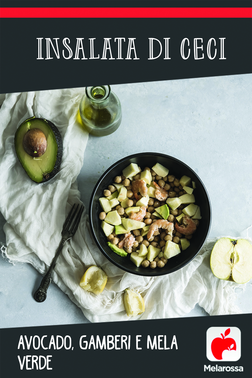 Insalata di ceci, avocado, gamberi e mela verde