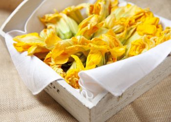 ricette con fiori di zucca dentro un cestello quadrato con un tovagliolo bianco