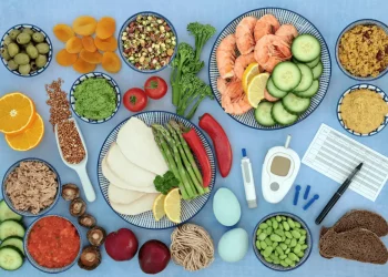 diversi alimenti su una tavola con accanto un apparecchio per misurare l'indice glicemico