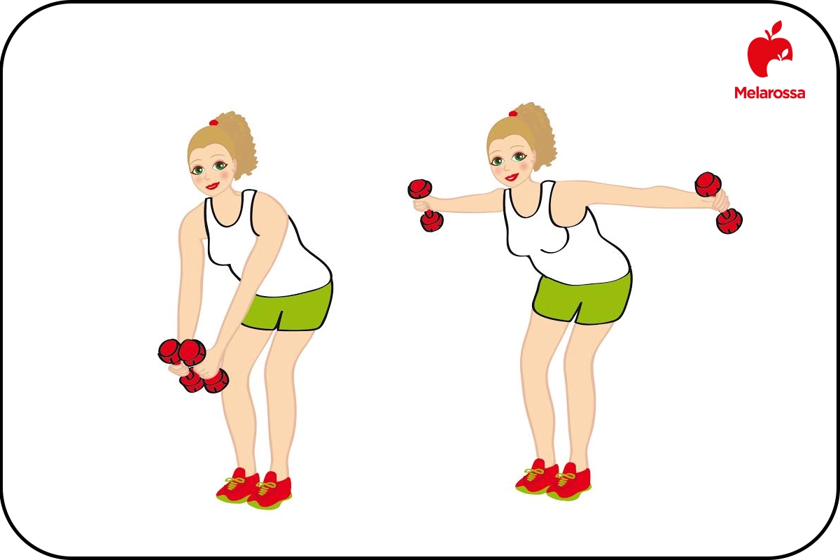 grafica che illustra l'esecuzione degli esercizi per i rotolini sulla schiena con i dumbell laterali 