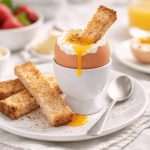 Uovo alla coque: la ricetta facile pronta in 2 minuti 1 In primo piano su una tovaglia bianca, c'è un piattino bianco con un uovo alla coque e dei crostini di pane croccanti e un cucchiaino sulla destra. Sullo sfondo ci sono altri ingredienti per una colazione sana come fragole e una spremuta d'arancia.