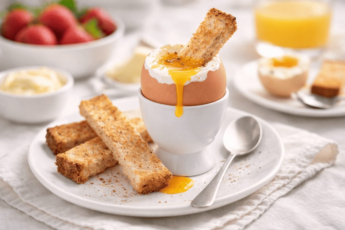 In primo piano su una tovaglia bianca, c'è un piattino bianco con un uovo alla coque e dei crostini di pane croccanti e un cucchiaino sulla destra. Sullo sfondo ci sono altri ingredienti per una colazione sana come fragole e una spremuta d'arancia.