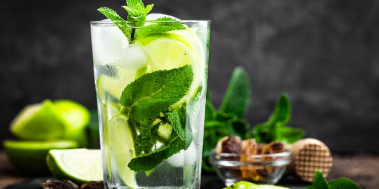 bicchiere con mojito e foglie di menta su base scura con spicchi di limone