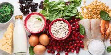 iodio: collezione di alimenti ricchi di iodio, parmigiano, latte, legumi, uova, verdure a foglia
