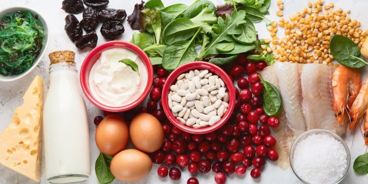 iodio: collezione di alimenti ricchi di iodio, parmigiano, latte, legumi, uova, verdure a foglia