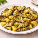 In primo piano su un tavolo di legno chiaro c'è un piatto fondo bianco con carciofi e patate e del prezzemolo tritato sopra. Sullo sfondo c'è un mazzetto di prezzemolo e un tovagliolo chiaro.