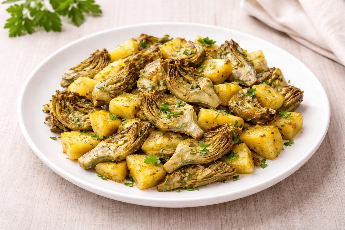 In primo piano su un tavolo di legno chiaro c'è un piatto fondo bianco con carciofi e patate e del prezzemolo tritato sopra. Sullo sfondo c'è un mazzetto di prezzemolo e un tovagliolo chiaro.