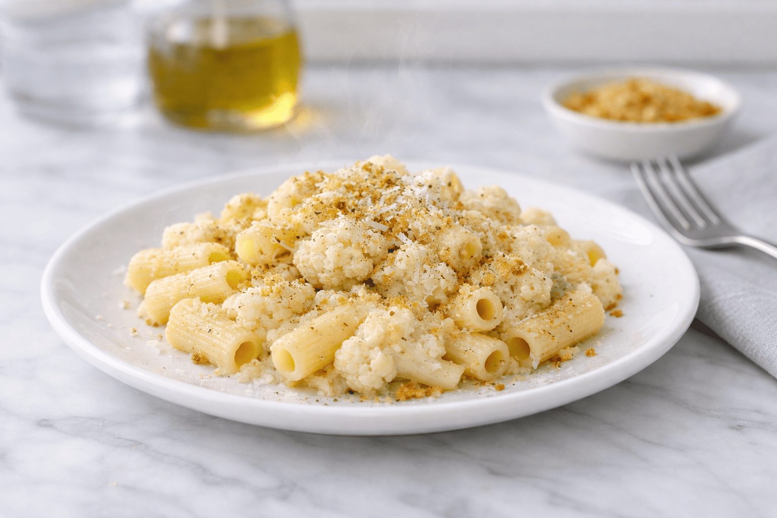 In primo piano su un tavolo di marmo chiaro c'è un piatto di pasta con cavolfiore con del formaggio e noce moscata. Sulla destra c'è un tovagliolo grigio con una forchetta.
