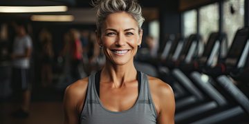 Donna bellissima di circa 50 anni in palestra con un canottiera grigia e ha un seno perfetto