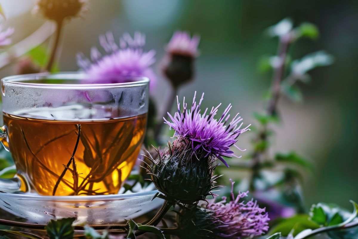 Una tazza in vetro con una tisana e dei fiori di cardo mariano