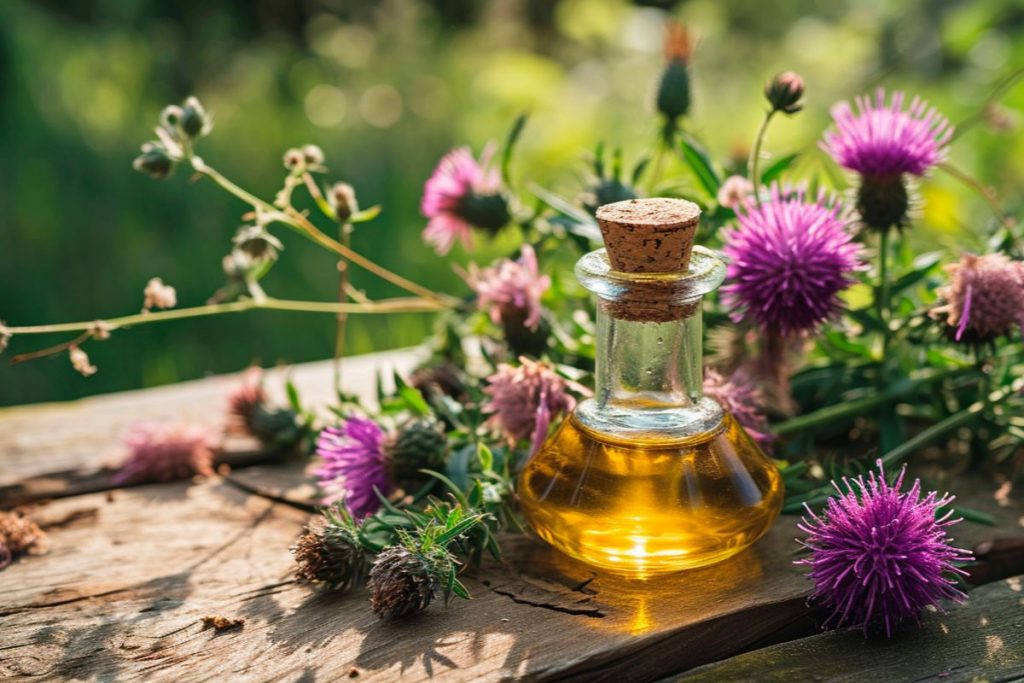 Una boccetta di olio con accanto dei fiori di cardo mariano