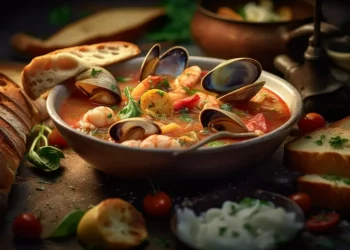 scodella di coccio con porzione di zuppa di pesce e crostini di pane intorno
