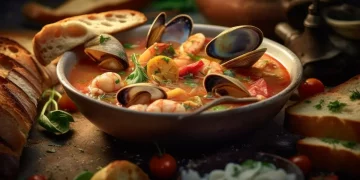 scodella di coccio con porzione di zuppa di pesce e crostini di pane intorno