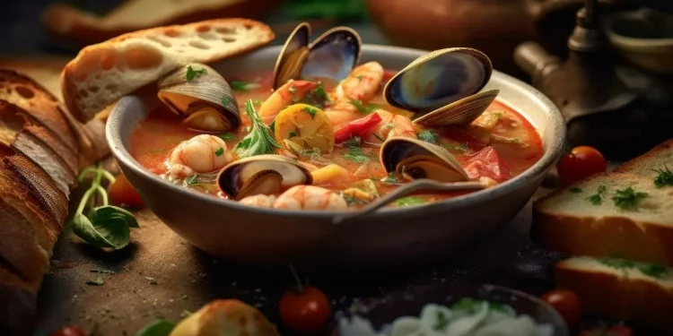 scodella di coccio con porzione di zuppa di pesce e crostini di pane intorno