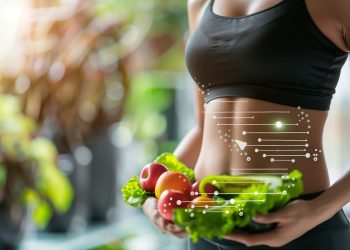 Una giovane donna in forma tiene in mano della verdura. Delle sottili linee bianche sulla pancia indicano il metabolismo basale