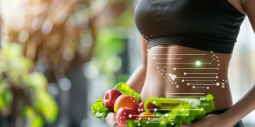 Una giovane donna in forma tiene in mano della verdura. Delle sottili linee bianche sulla pancia indicano il metabolismo basale