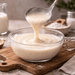 In primo piano su un tagliere di legno c'è una ciotola di vetro con della besciamella light. Sullo sfondo alcuni ingredienti della ricetta come latte, farina e noce moscata.